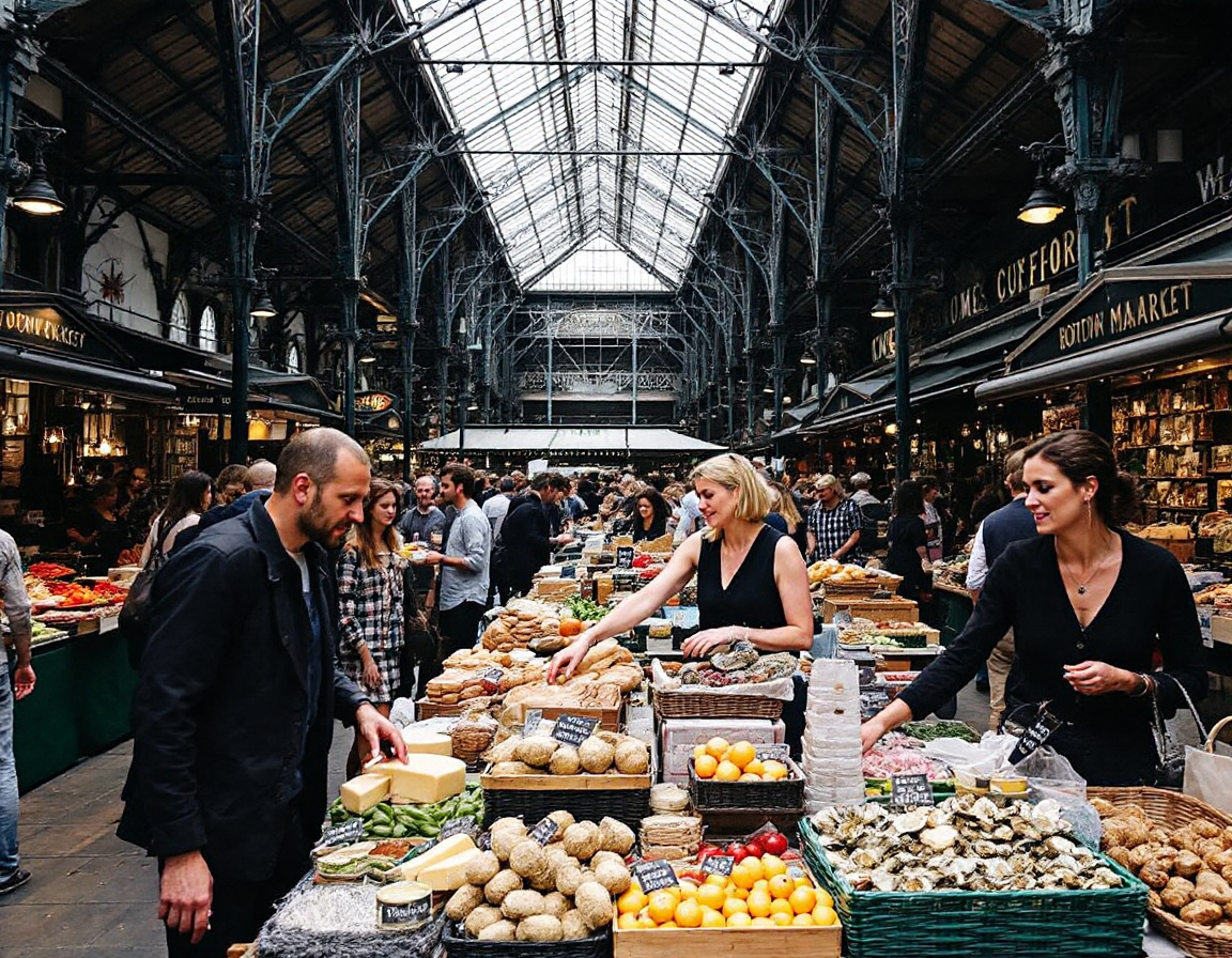 Stalls of cheese, bread and produce at Borough Market in London