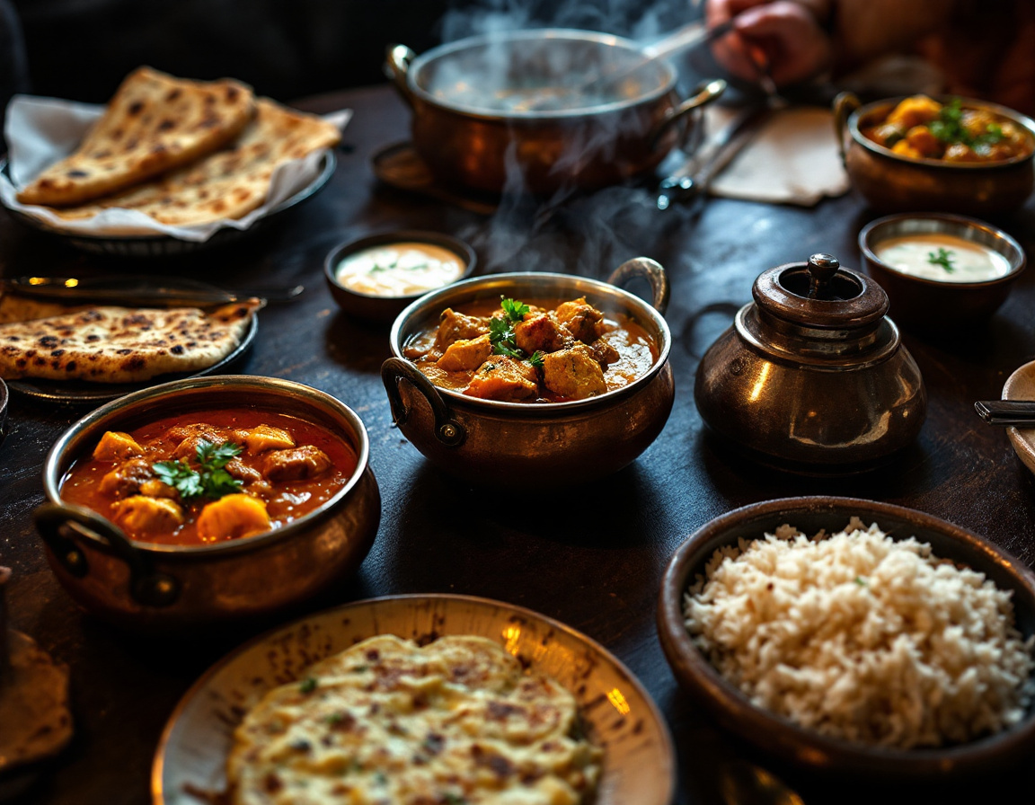 A London curry house spread with curries, naan and rice