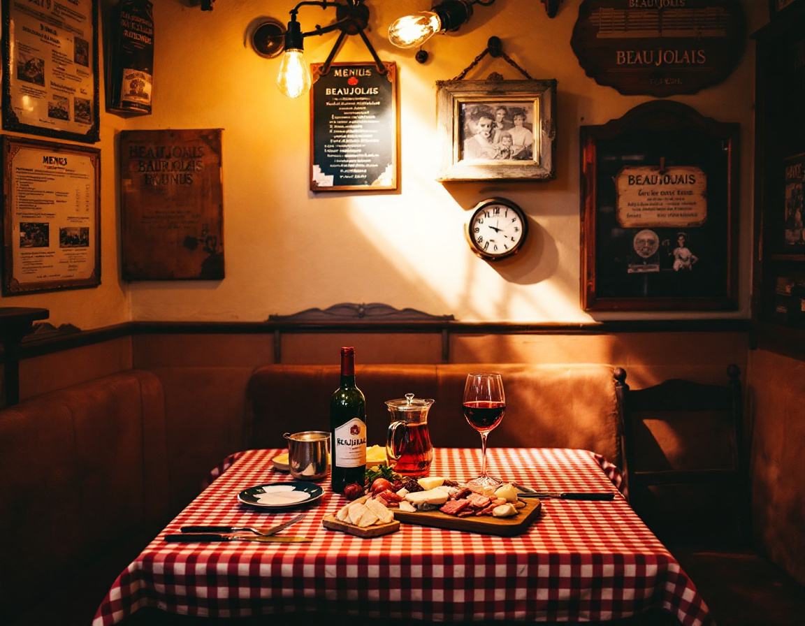 A cozy traditional Lyon bouchon interior with paper tablecloths and Beaujolais
