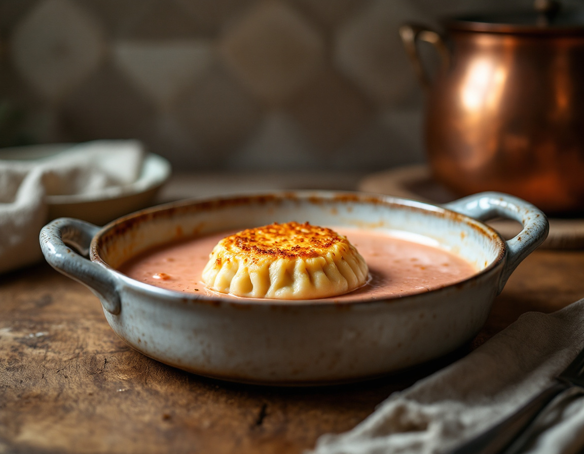 A baked quenelle de brochet in pink sauce nantua at a Lyon bouchon