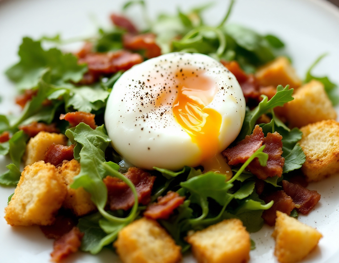 A salade lyonnaise with frisee, lardons, croutons and a poached egg