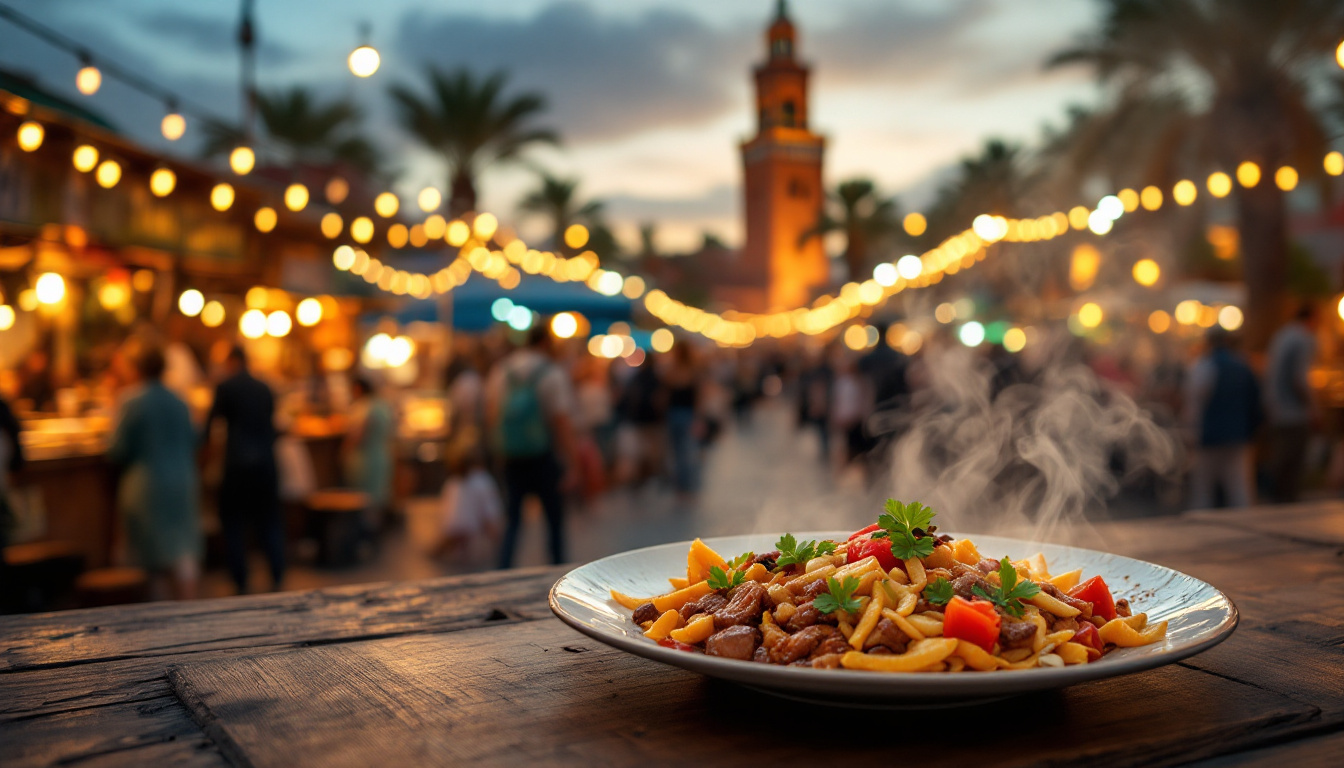 Jemaa el-Fna night food market in Marrakech with grilled skewers, tagines and crowds at dusk