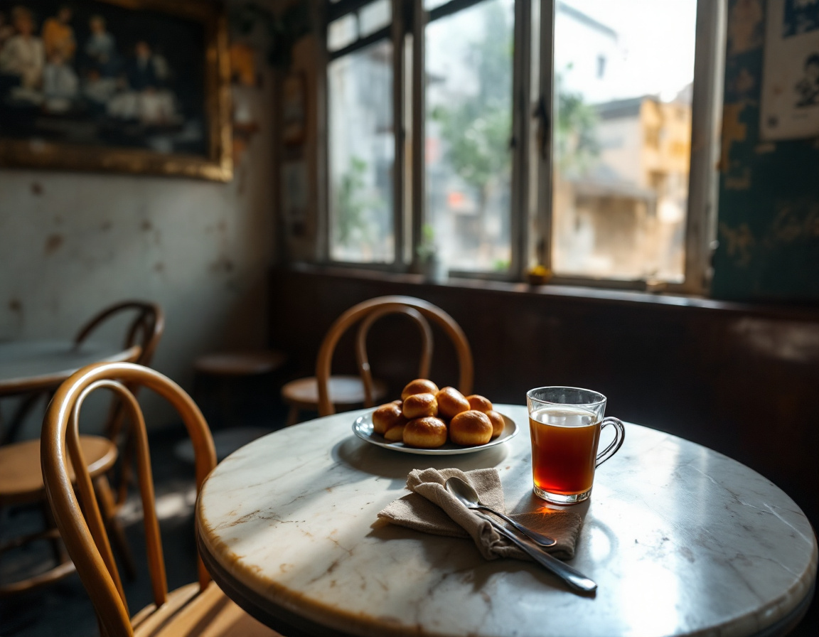 An old Irani cafe in Mumbai with marble tables, bun maska and chai