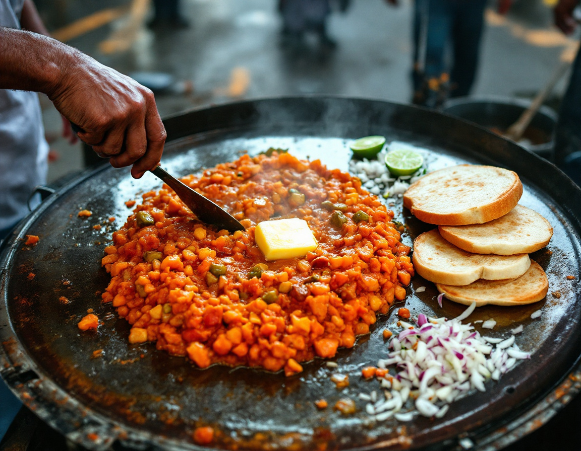 Pav bhaji cooking on a large flat griddle with buttered pav buns in Mumbai