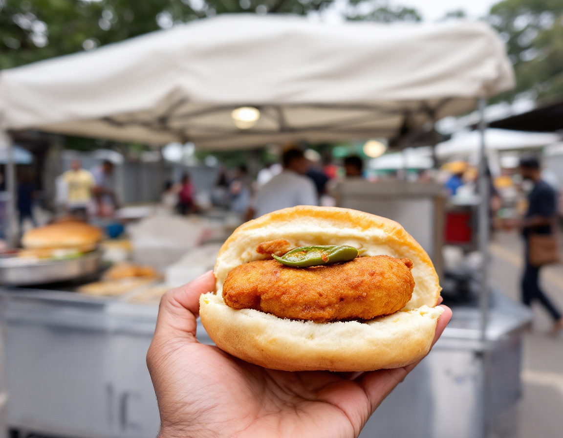 A Mumbai vada pav, spiced potato fritter in a bun with chutney