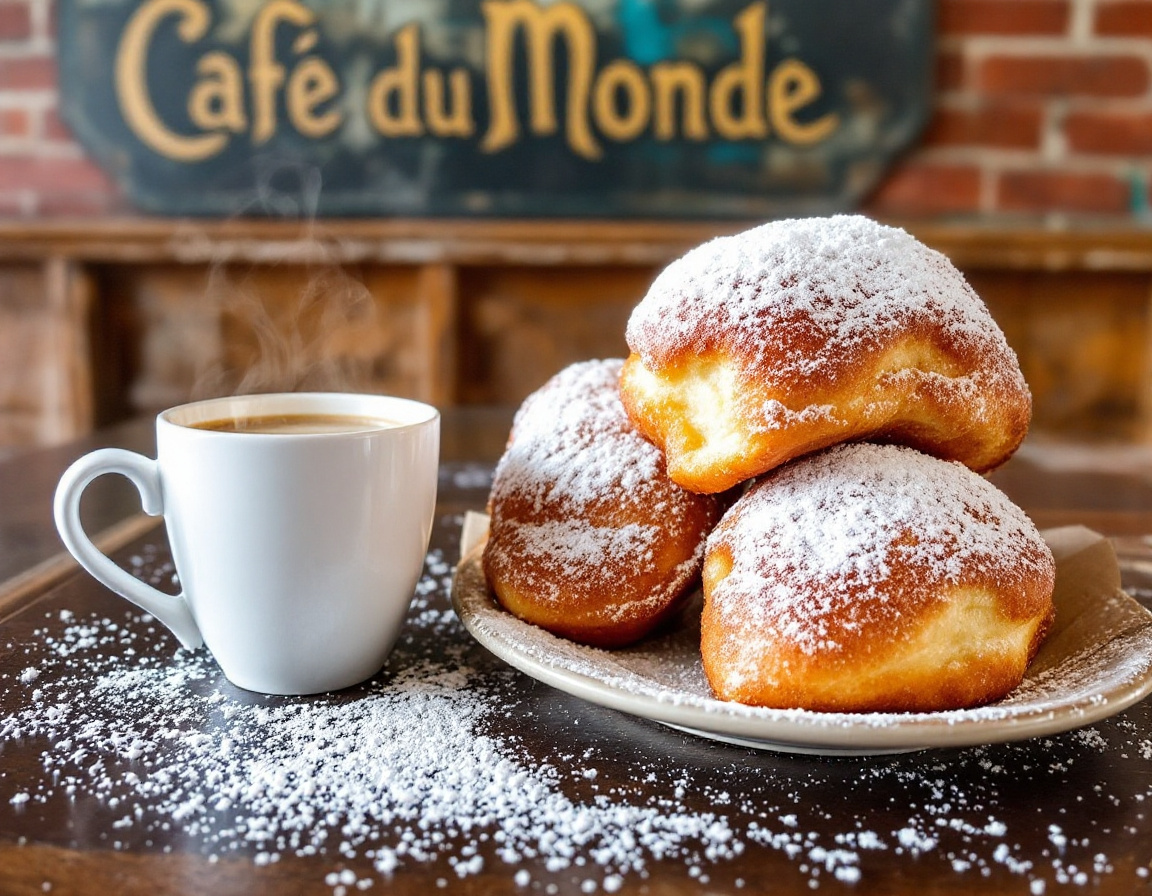 A plate of hot New Orleans beignets under powdered sugar with cafe au lait