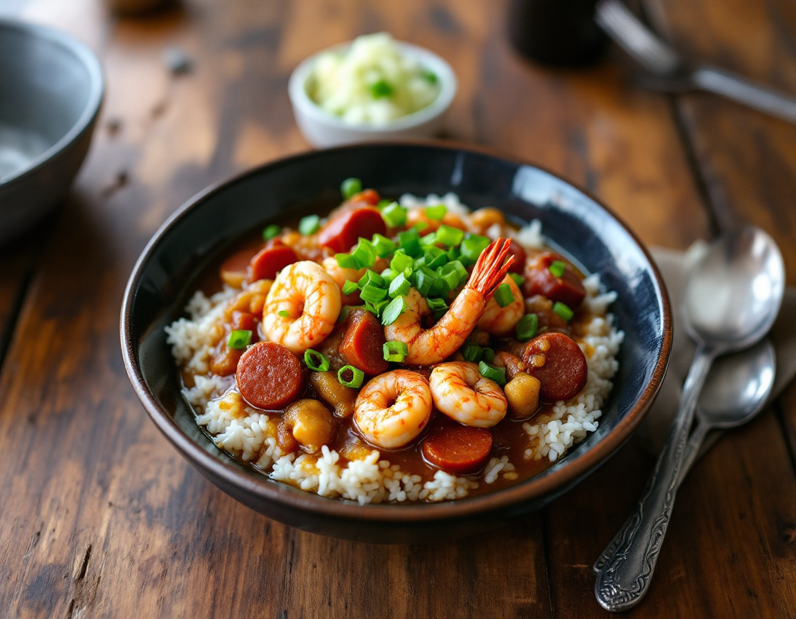A dark bowl of New Orleans gumbo over white rice