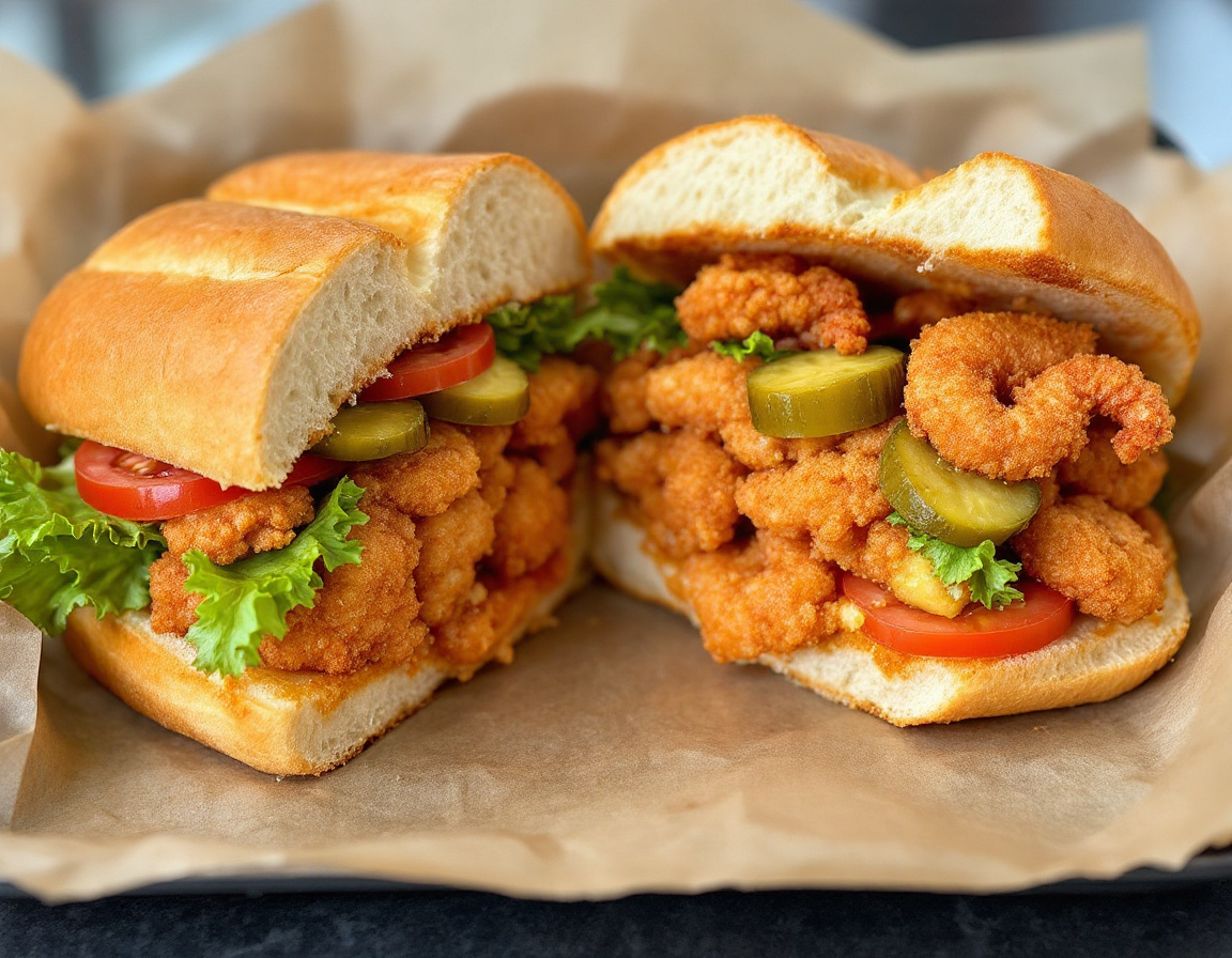 A dressed fried shrimp po'boy on crisp New Orleans French bread