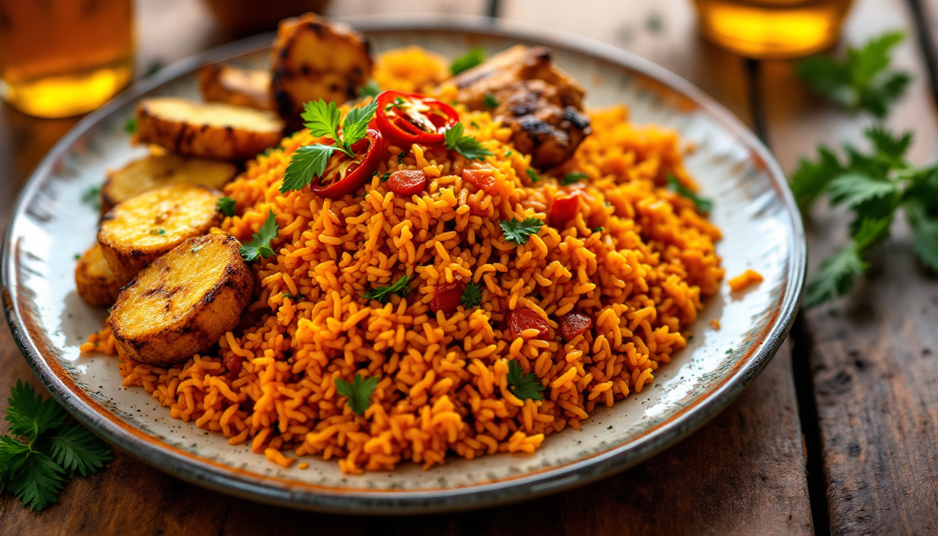 Nigerian jollof rice with fried plantain and grilled chicken