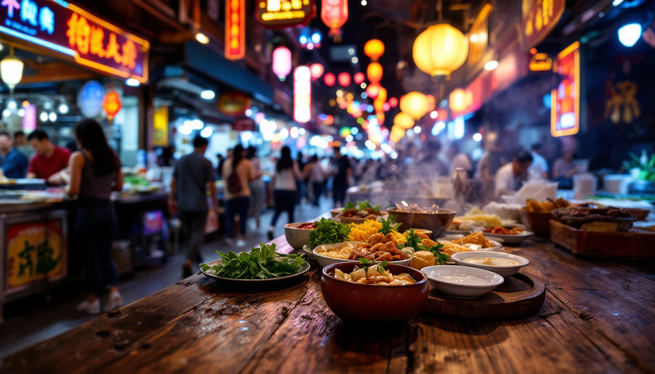 A glowing Taipei night market lane with food stalls, lanterns and steaming dishes
