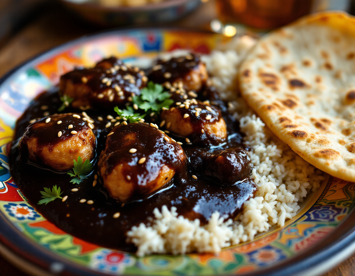 A plate of Oaxacan mole negro over chicken with sesame seeds and rice