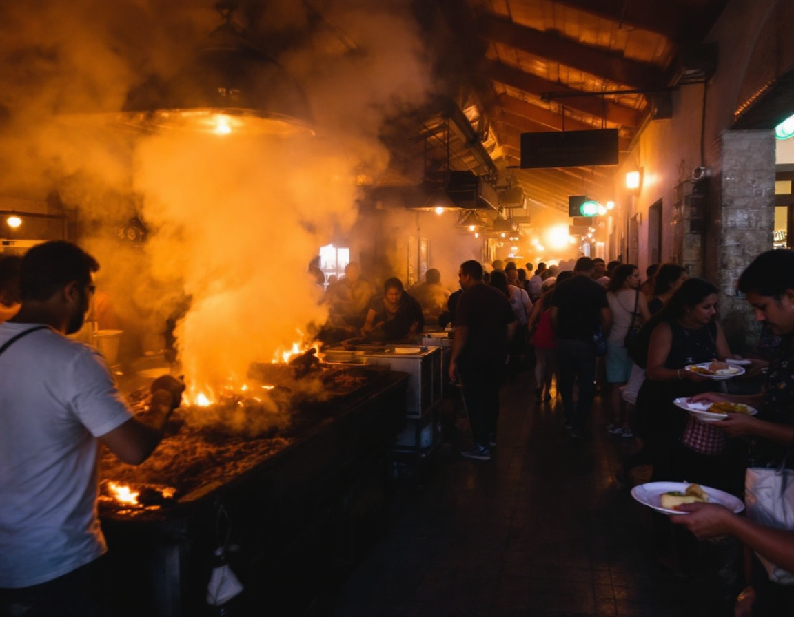 The smoky pasillo de humo grill corridor at Mercado 20 de Noviembre in Oaxaca