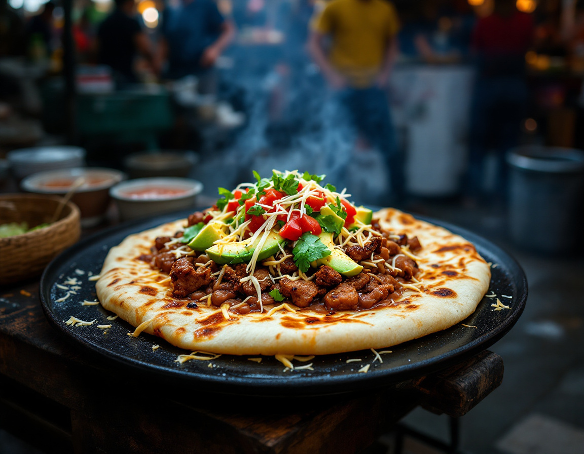 A large crisp Oaxacan tlayuda topped with beans, quesillo, avocado and grilled meat