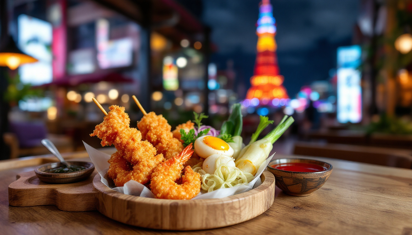Kushikatsu panko-fried skewers with dipping sauce in Shinsekai, Osaka