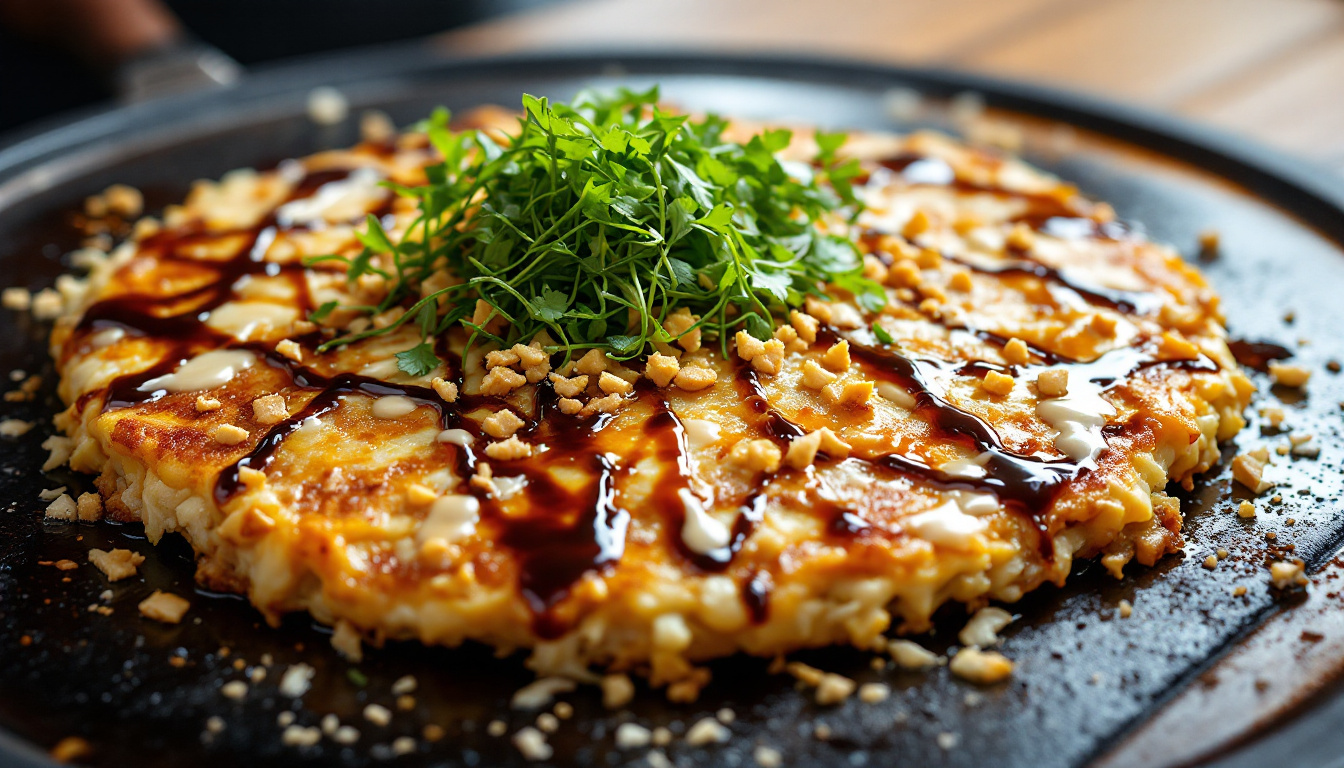 Osaka-style okonomiyaki savory pancake cooking on a teppan griddle with sauce and bonito flakes
