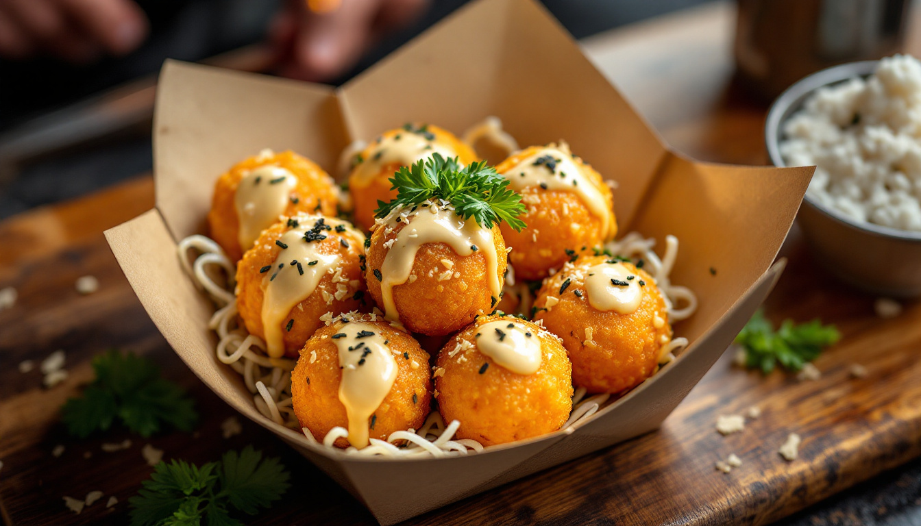 Takoyaki octopus balls topped with bonito flakes and sauce at a Dotonbori street stall in Osaka