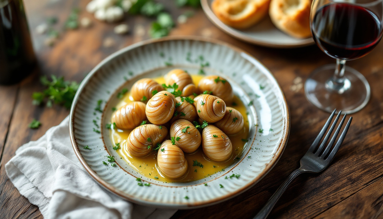 French escargots baked in garlic-parsley butter with baguette and red wine at a Paris bistro