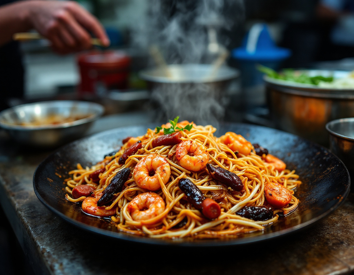 A smoky plate of Penang char kway teow with prawns and cockles