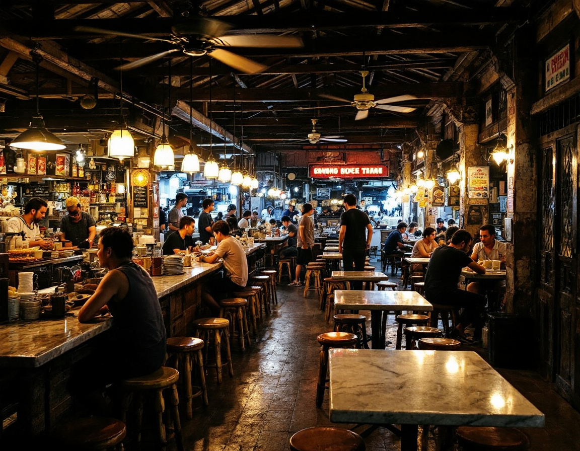 A George Town kopitiam coffee shop in Penang with hawker stalls and diners