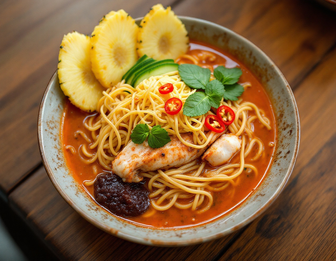 A bowl of Penang assam laksa with mackerel broth, noodles, pineapple and mint
