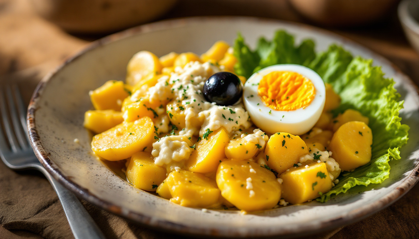 Papa a la huancaina sliced potatoes in creamy aji amarillo cheese sauce with olive and egg