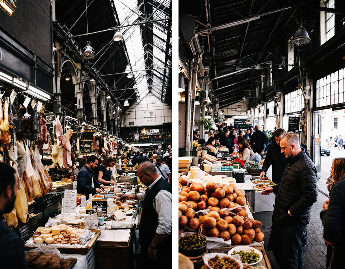 Stalls of ham, cheese and produce at Mercado do Bolhao in Porto