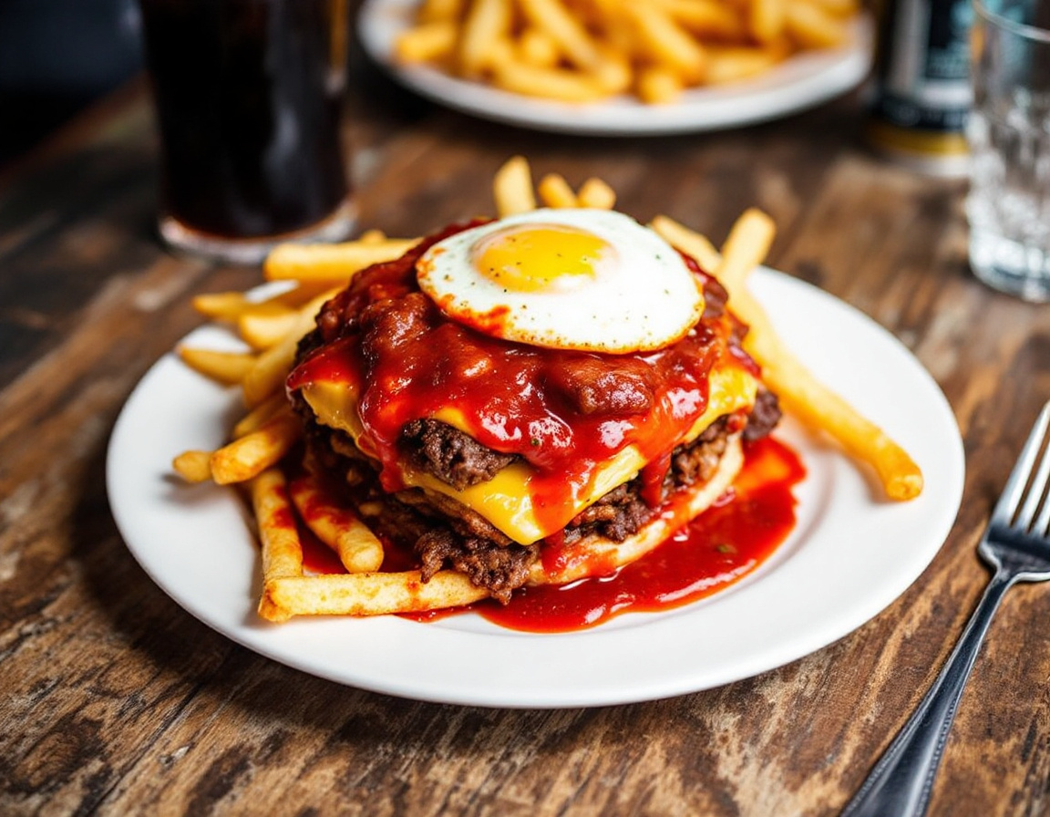 A Porto francesinha sandwich covered in melted cheese and red sauce with a fried egg