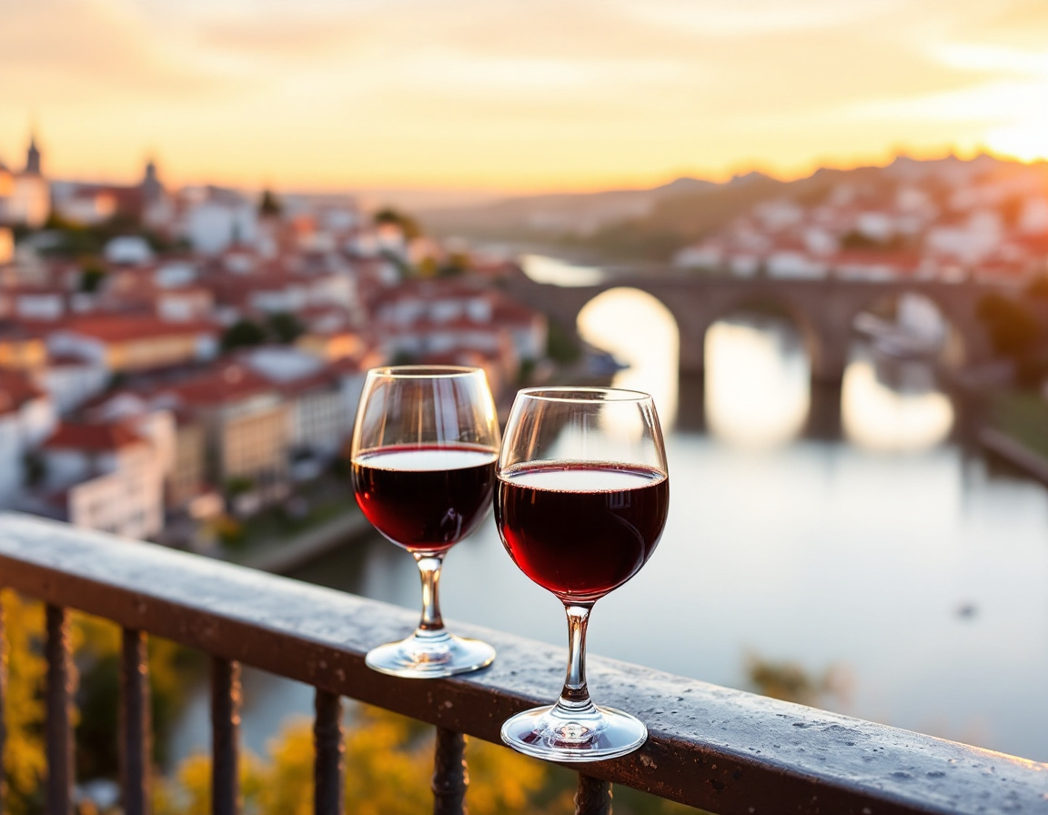 Glasses of ruby and tawny port at a Vila Nova de Gaia lodge overlooking the Douro and Porto