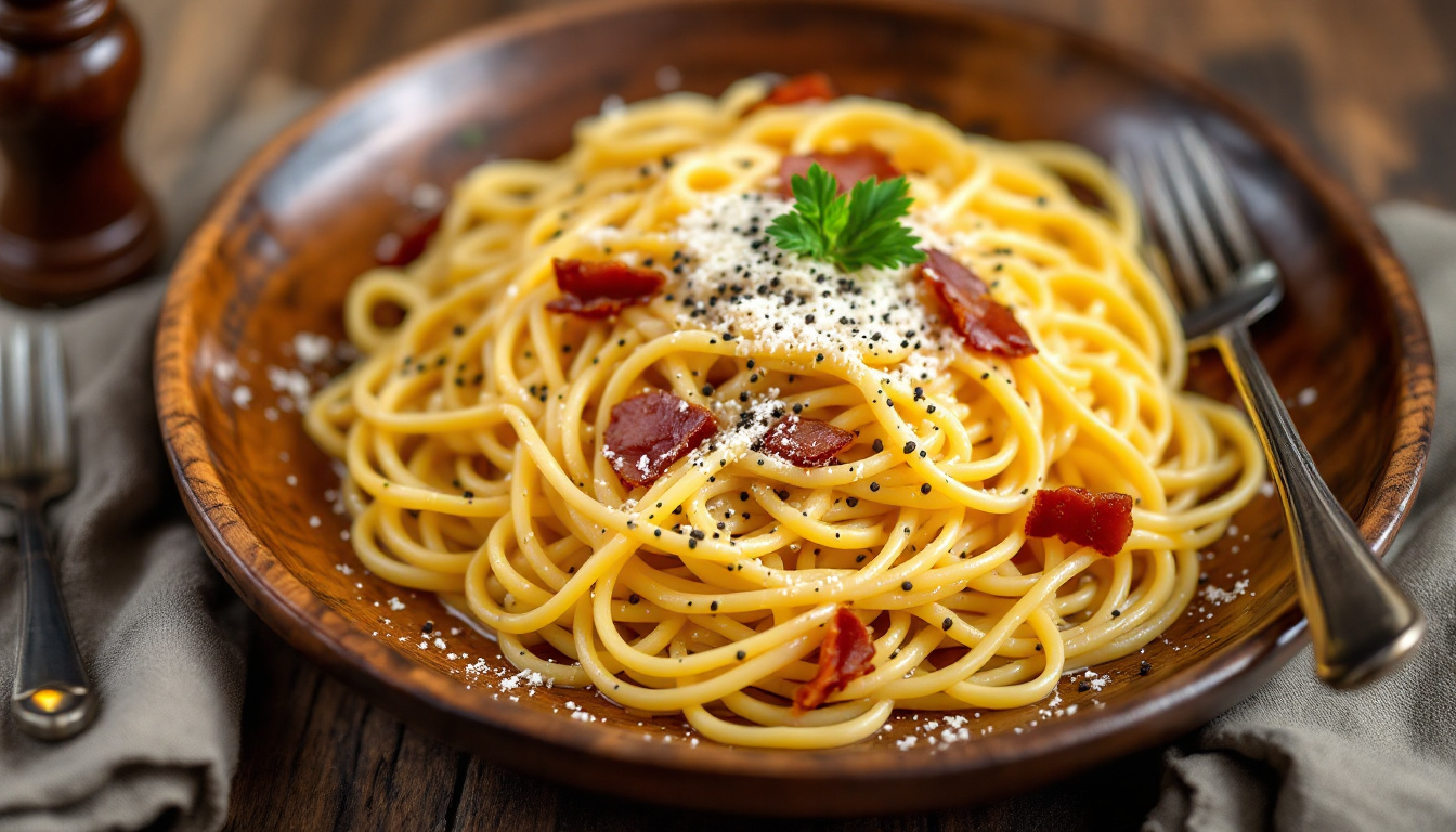 Authentic Roman spaghetti carbonara with guanciale, egg yolk and pecorino