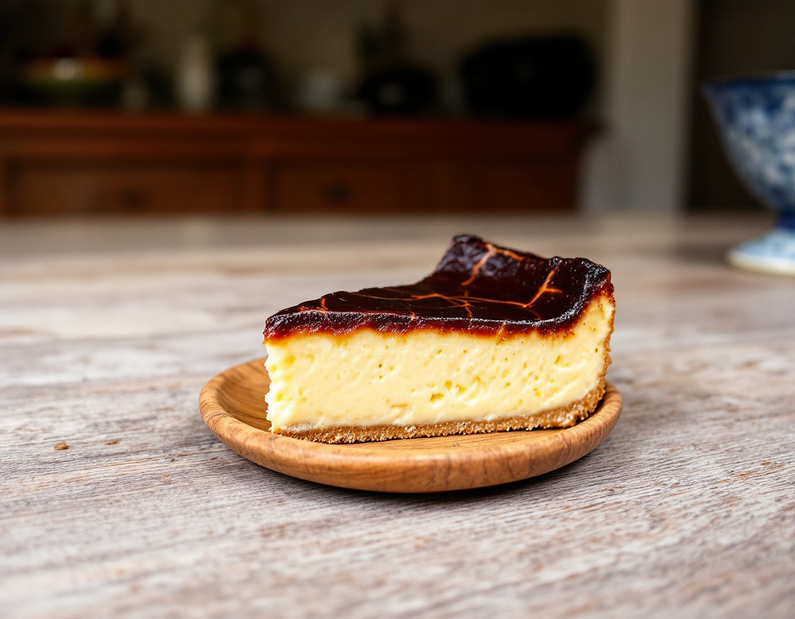 A slice of burnt Basque cheesecake with a dark caramelized top from San Sebastian