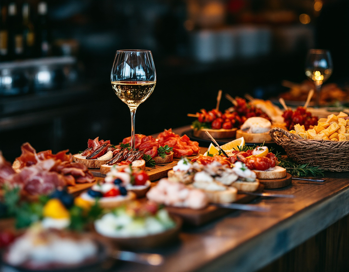 A San Sebastian bar counter loaded with pintxos on bread