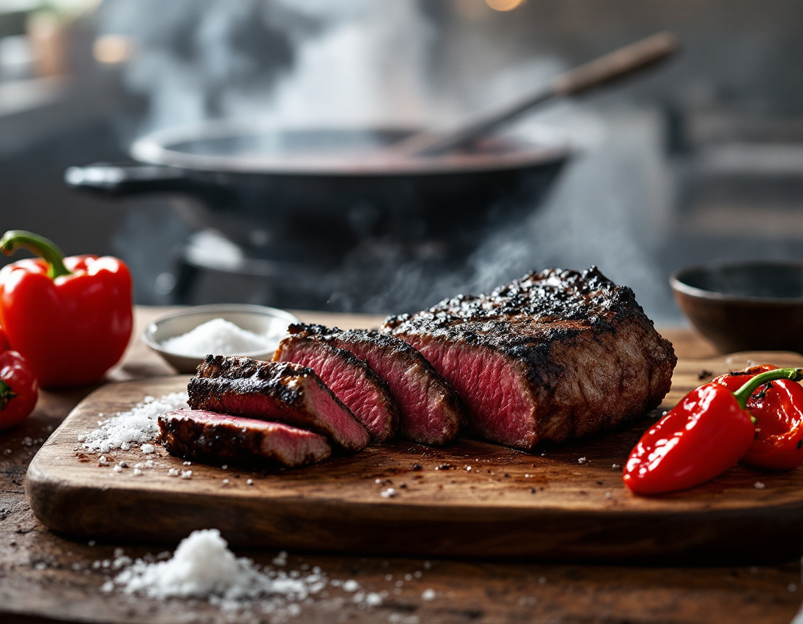 A charred aged Basque txuleta beef steak sliced on a board in San Sebastian