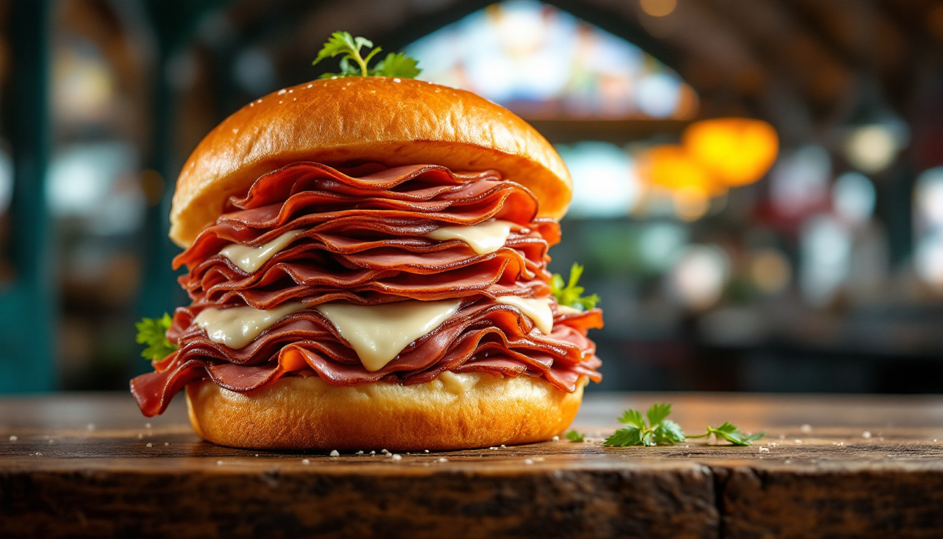 Sao Paulo mortadella sandwich piled with griddled mortadella and melted cheese at Mercadao