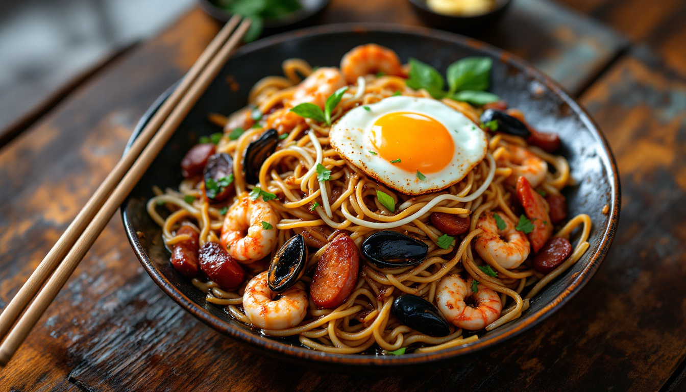 Char kway teow stir-fried flat noodles with prawns, cockles and Chinese sausage