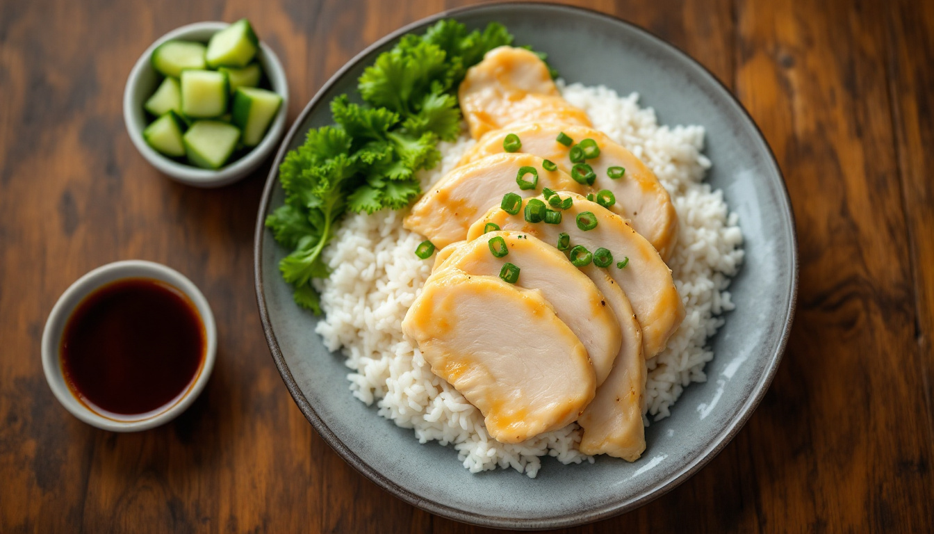 Hainanese chicken rice with poached chicken, fragrant rice and chili-ginger sauce