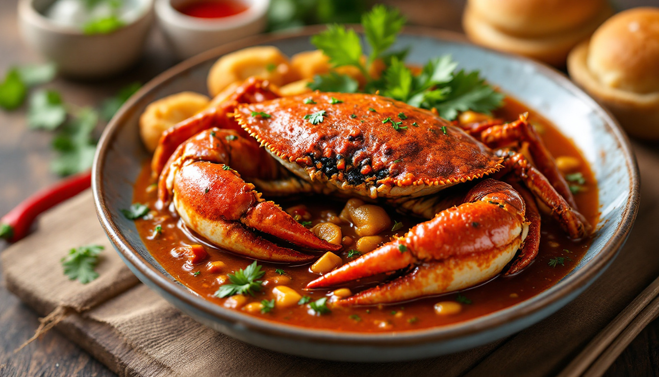 Singapore chilli crab in sweet-spicy sauce with fried mantou buns