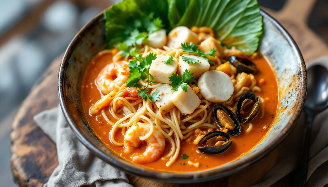 Katong laksa rice noodles in spicy coconut curry broth with prawns and cockles