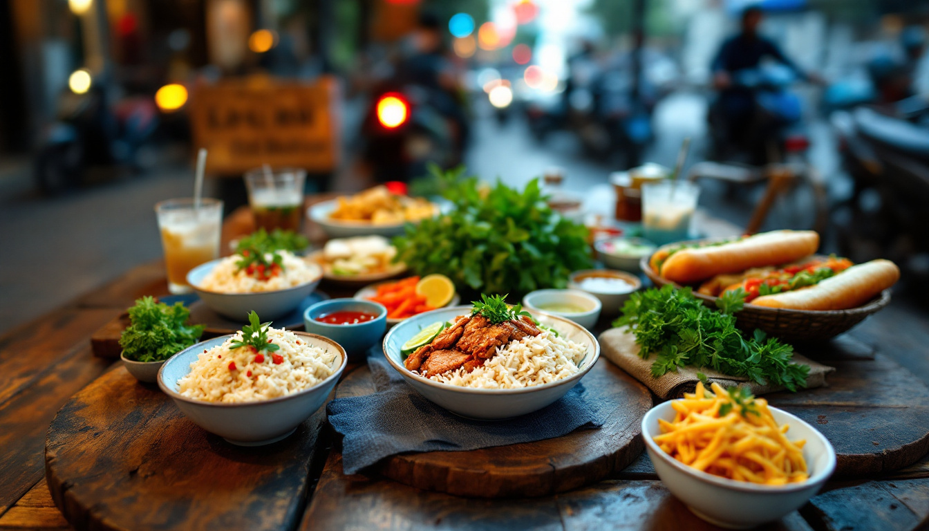 A Saigon street food spread of com tam broken rice, grilled pork, banh mi and herbs with motorbikes behind