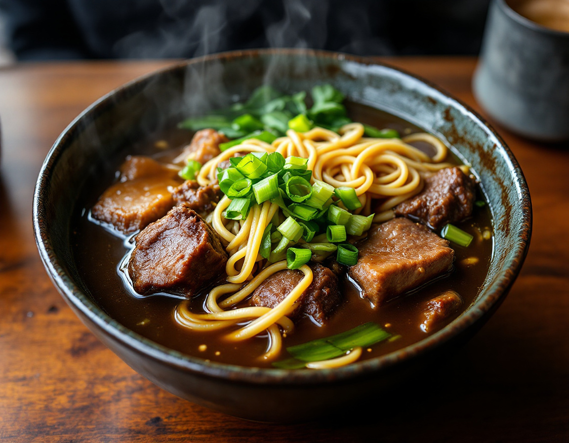 A bowl of Taiwanese beef noodle soup with braised beef and greens