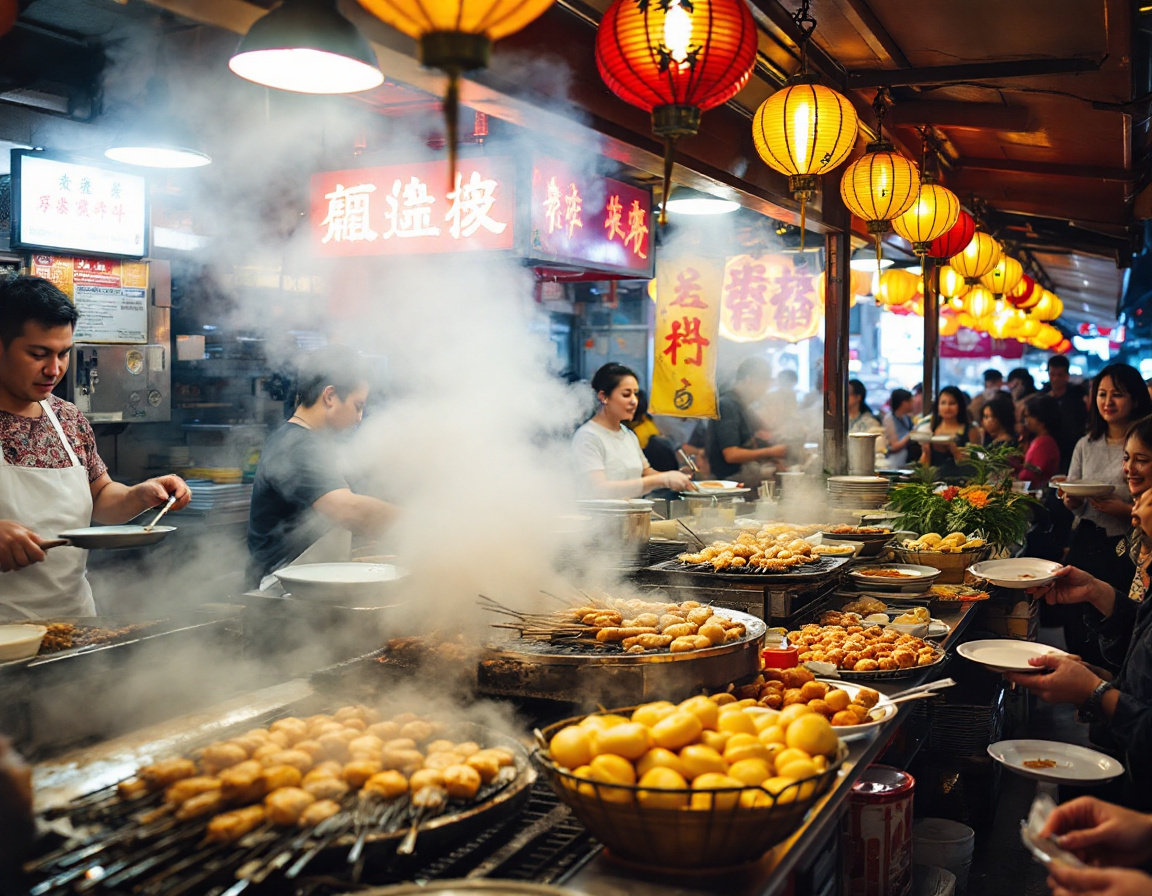 A crowded Taipei night market alley at night with glowing food stalls