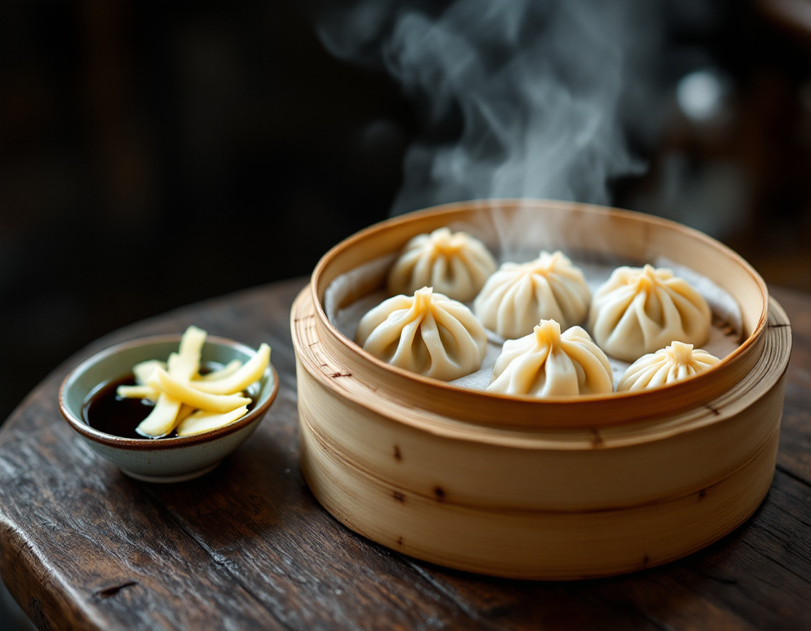 A bamboo steamer of xiaolongbao soup dumplings with ginger and vinegar in Taipei