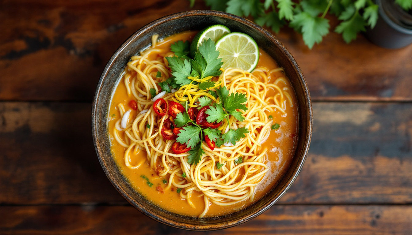 Khao soi northern Thai coconut curry noodle soup with crispy noodles, lime and pickled greens