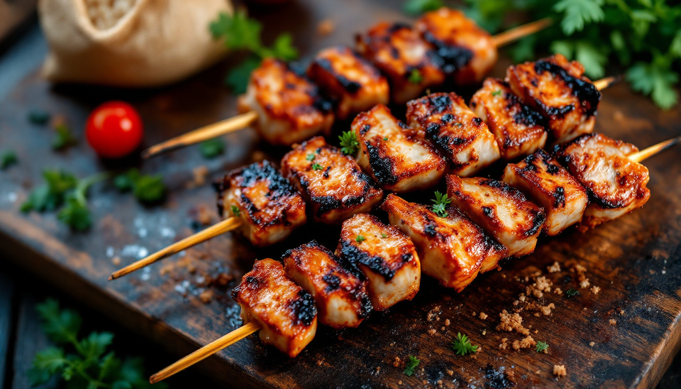 Moo ping Thai grilled pork skewers over charcoal with sticky rice at a Bangkok street stall