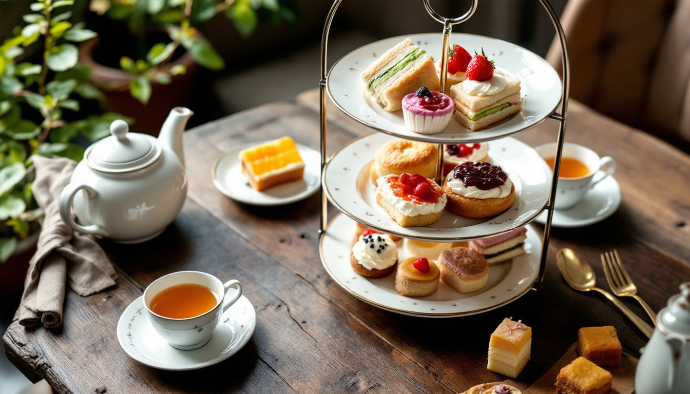 English afternoon tea on a three-tier stand with scones, clotted cream, jam and cakes