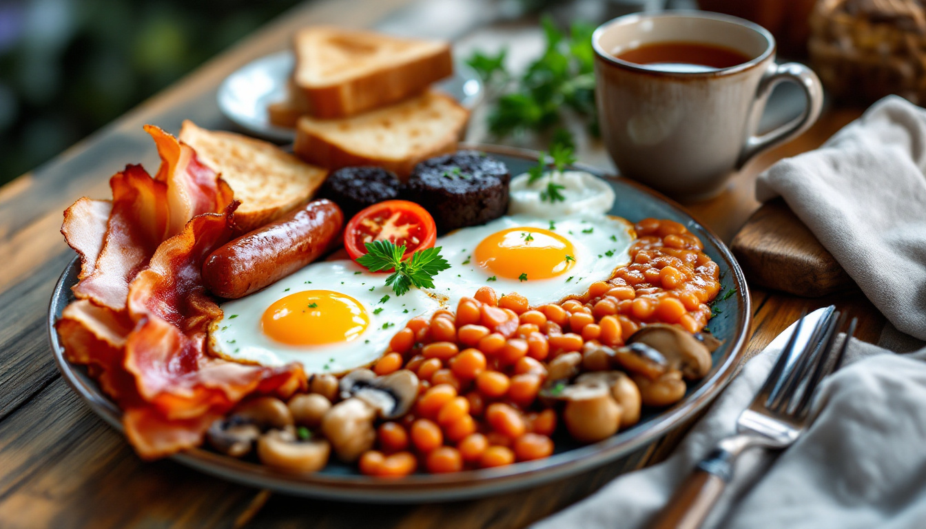 A full English breakfast with bacon, eggs, sausage, baked beans, black pudding and toast