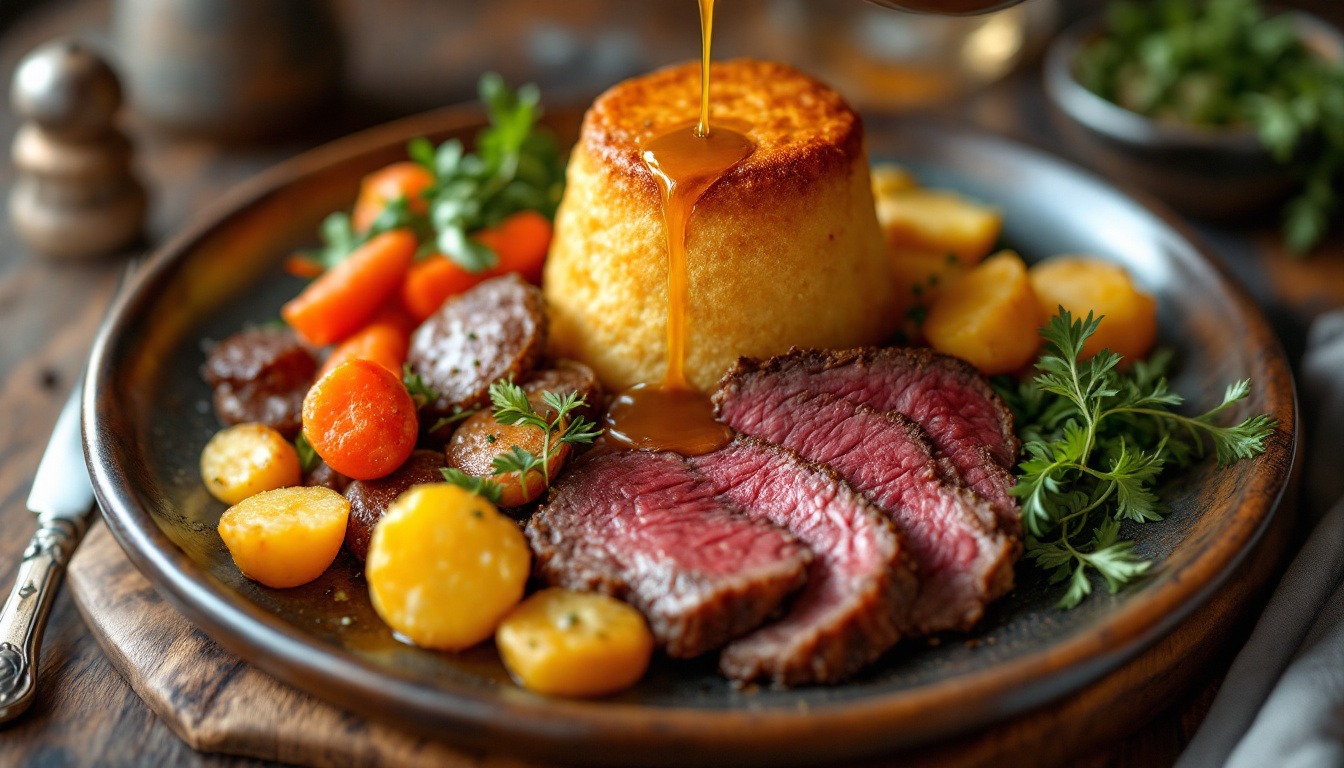 A British Sunday roast of sliced roast beef, Yorkshire pudding, roast potatoes and gravy