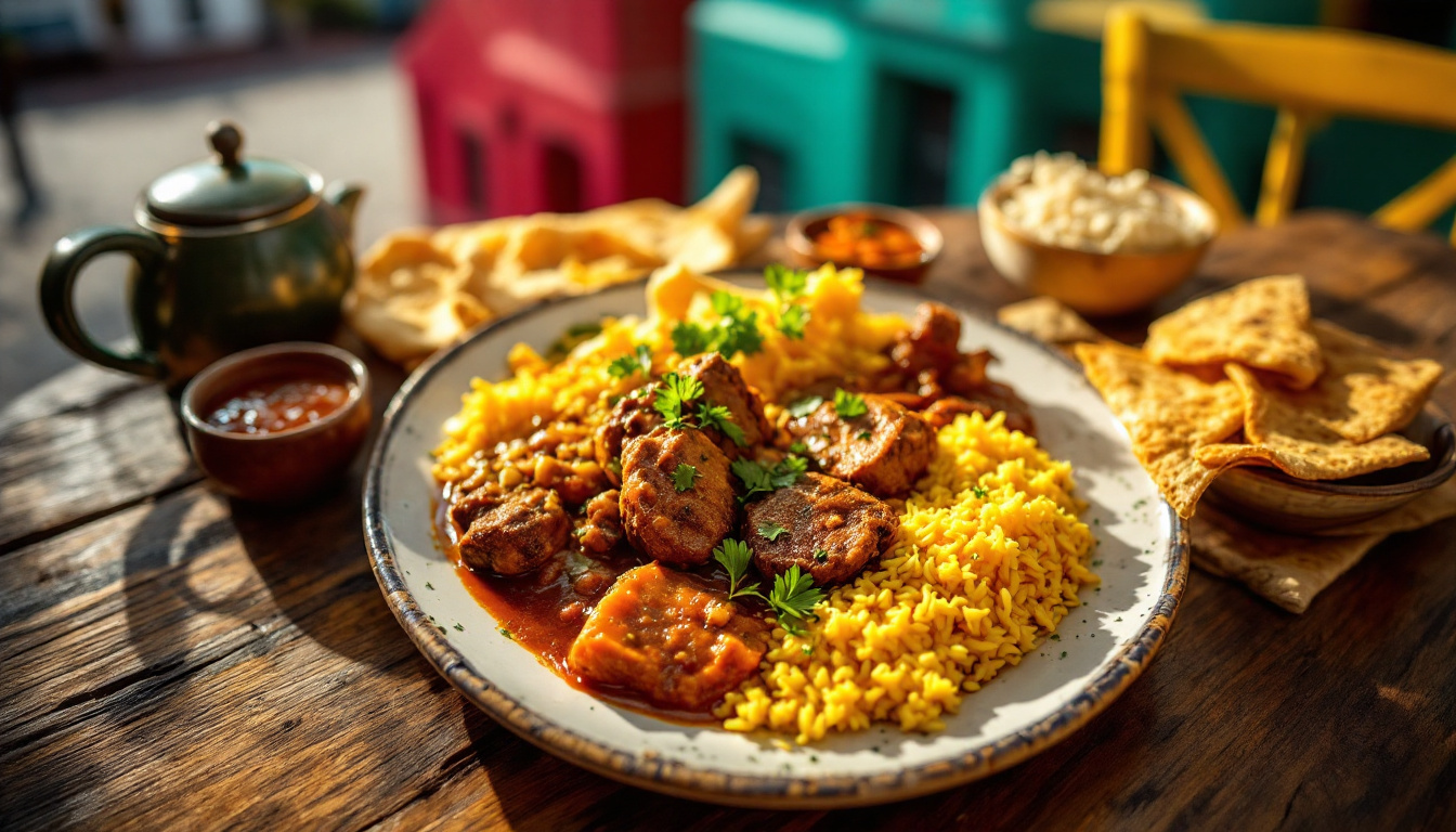Cape Malay lamb curry with yellow rice and sambals in Cape Town, with colourful Bo-Kaap houses behind