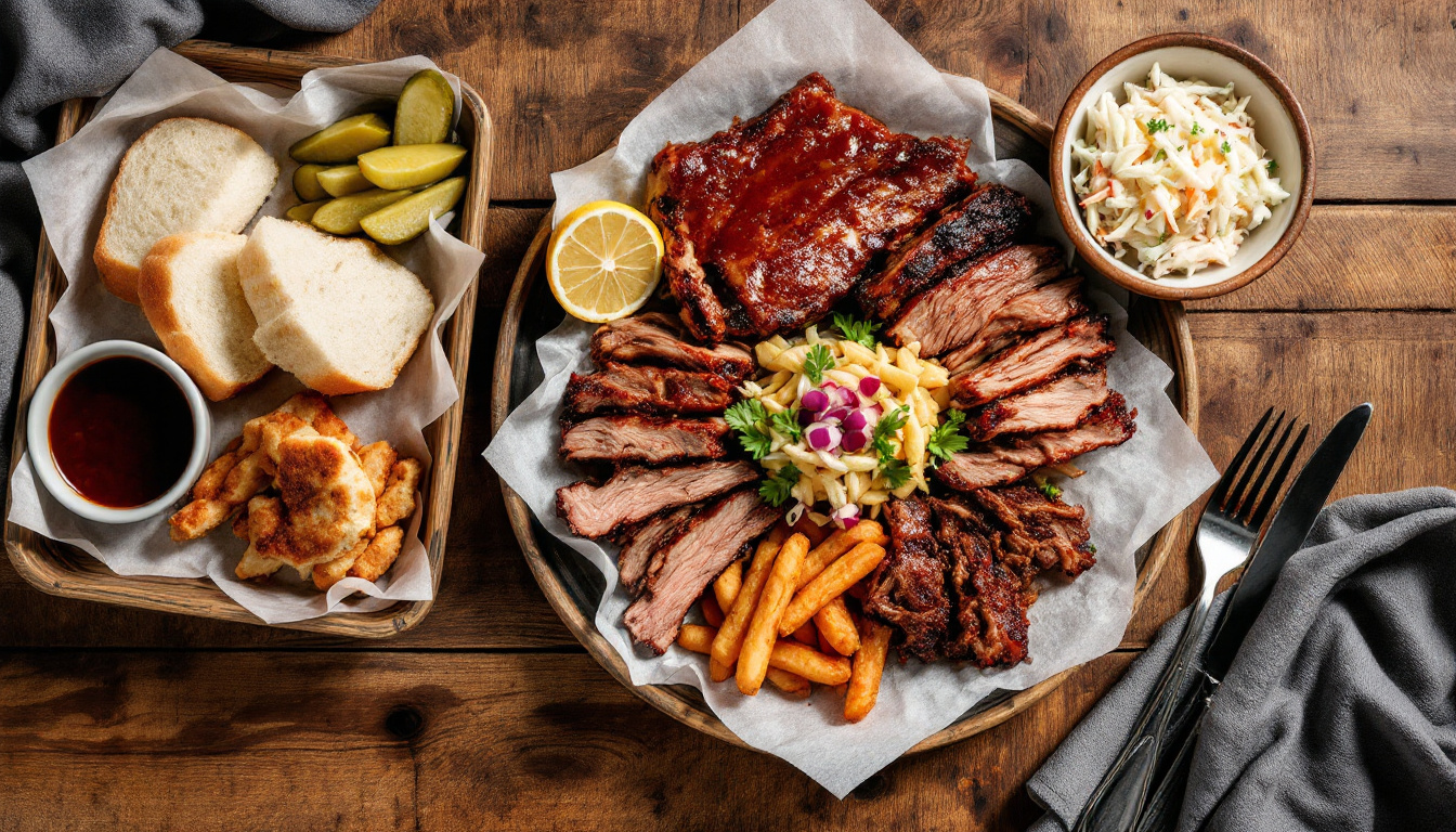American barbecue platter with smoked brisket, ribs and pulled pork, pickles and coleslaw