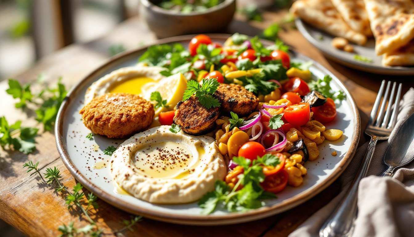 A bright Tel Aviv vegan plate with hummus, falafel, grilled eggplant and fresh salads