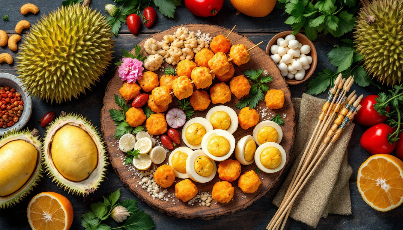 Adventurous street food market display of unusual foods